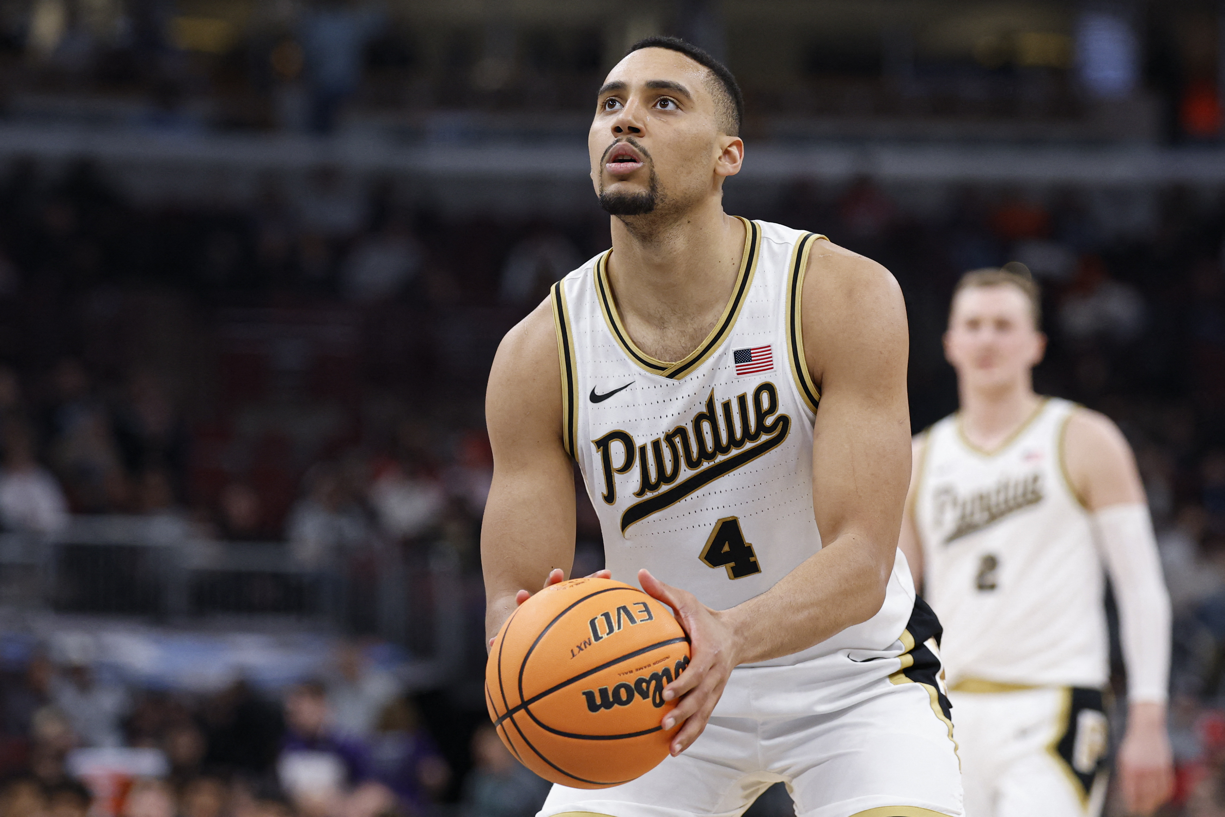 Purdue Boilermakers forward Trey Kaufman-Renn (4), seen here shooting a free throw, is featured in our Texas vs. Purdue prediction today.