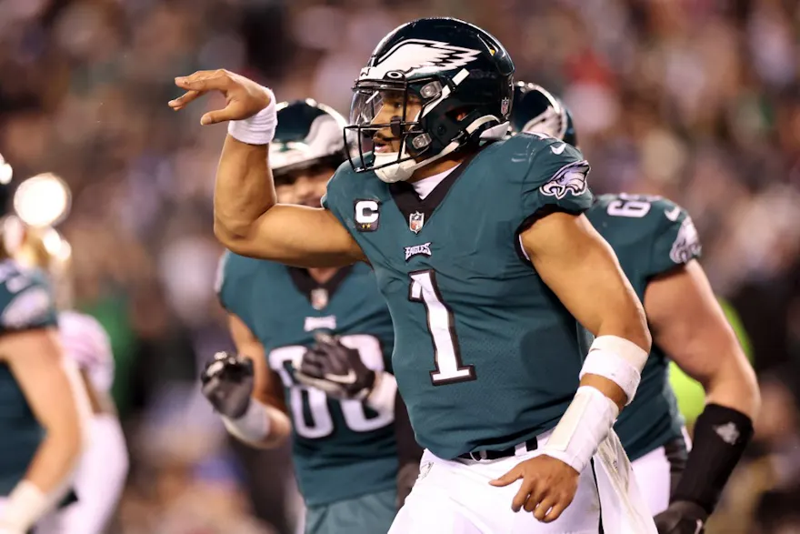 Jalen Hurts of the Philadelphia Eagles celebrates after scoring a touchdown against the San Francisco 49ers during the third quarter in the NFC Championship Game at Lincoln Financial Field on January 29, 2023 in Philadelphia, Pennsylvania.