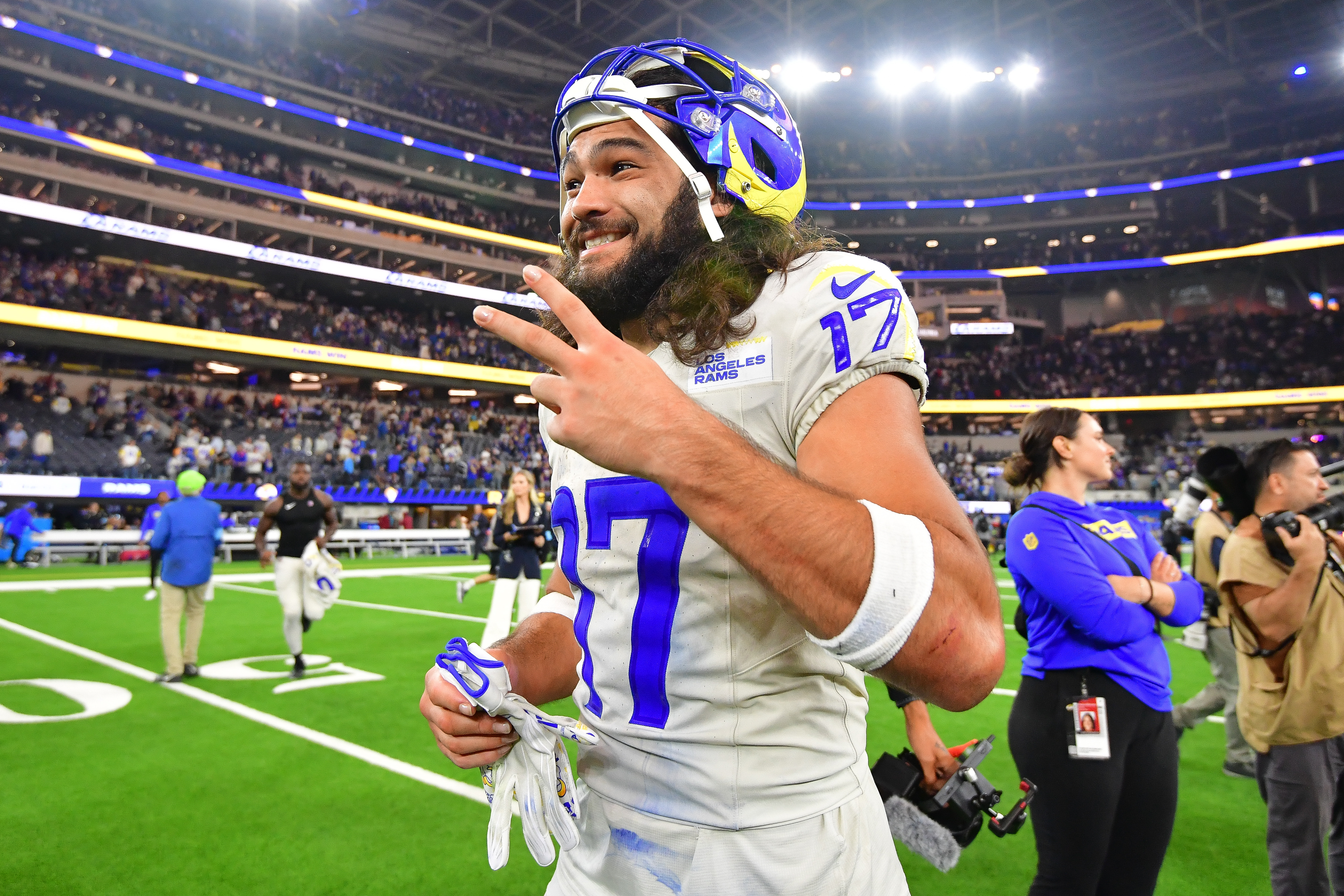Puka Nacua celebrates after the Los Angeles Rams beat the Minnesota Vikings as we offer our Week 9 ATS picks. 