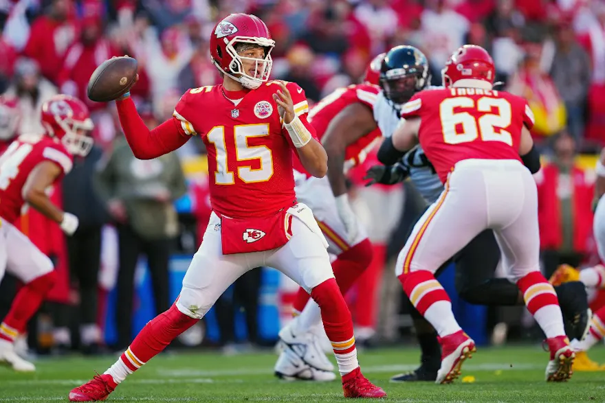 Patrick Mahomes of the Kansas City Chiefs throws a pass against the Jacksonville Jaguars at Arrowhead Stadium on Nov. 13, 2022 in Kansas City, Missouri.