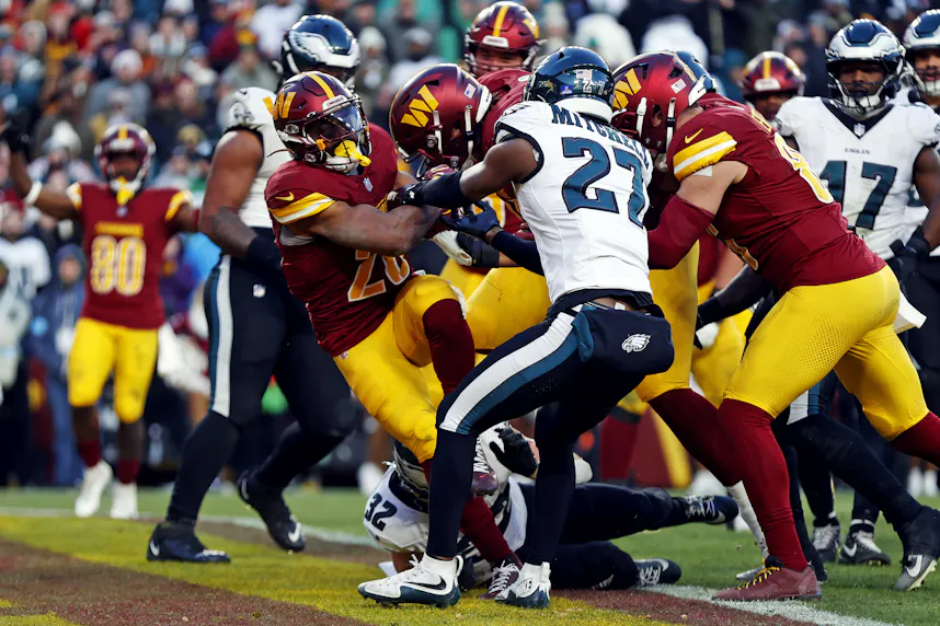 Washington Commanders running back Jeremy McNichols scores a two-point conversion as we look at the NFC Championship best bets.