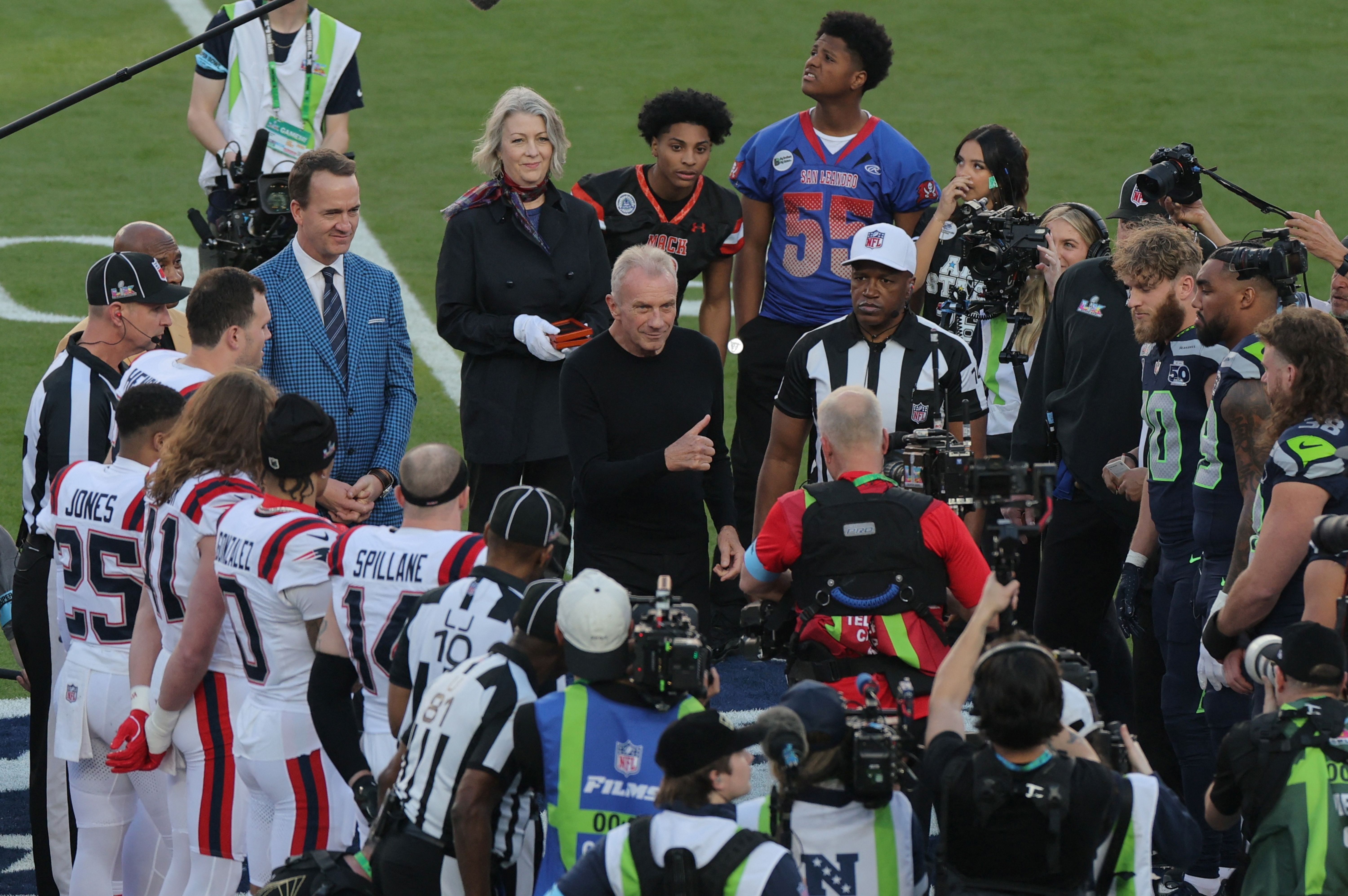 Joe Montana during the coin toss before Super Bowl 60 as we look at Super Bowl Coin Toss Odds 2027.
