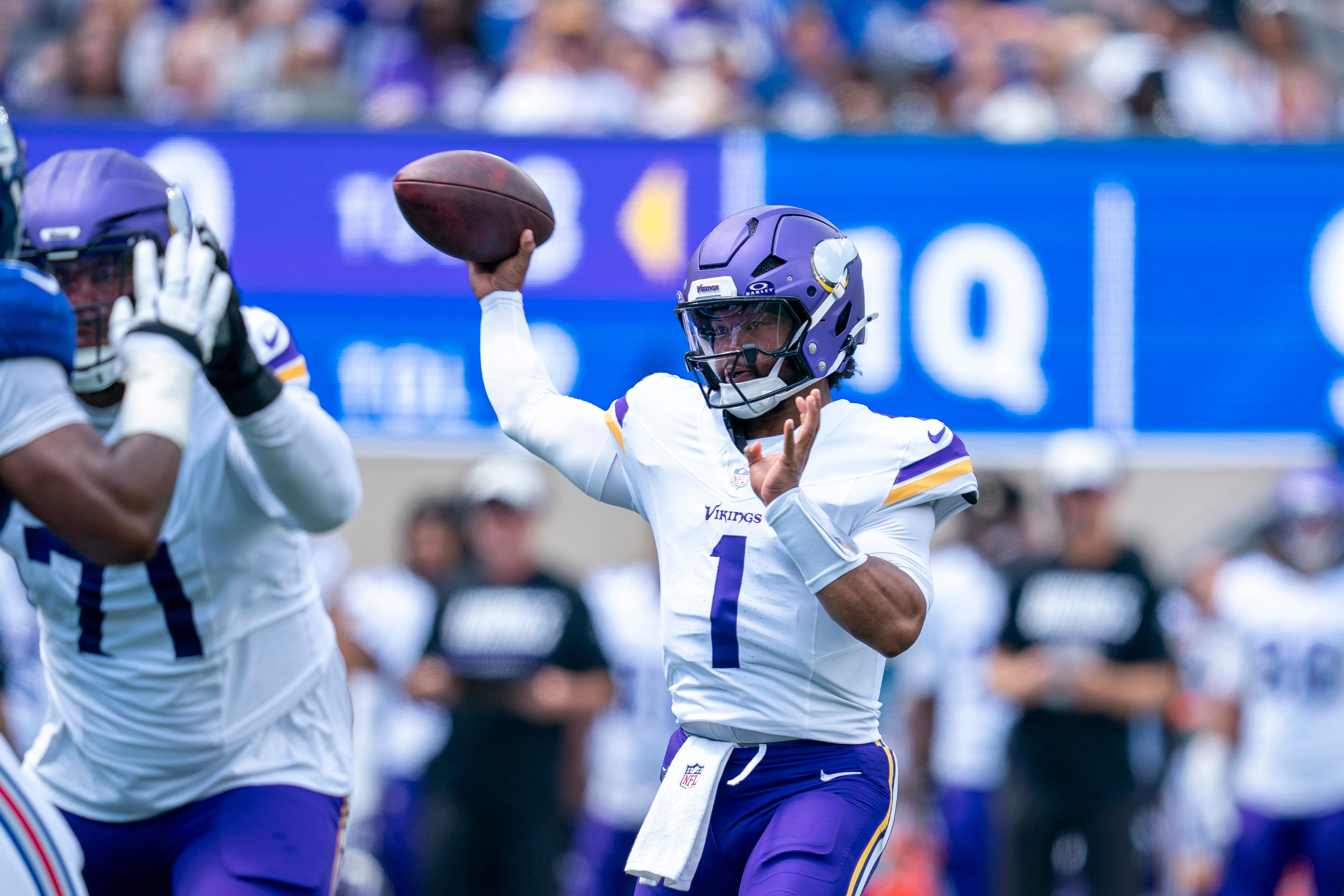 Minnesota Vikings quarterback Kyler Murray (1) throws a pass as we offer our Packers vs. Vikings prediction.