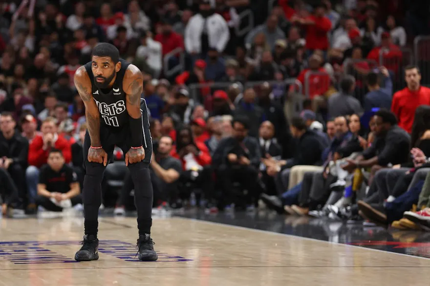 Kyrie Irving of the Brooklyn Nets reacts against the Chicago Bulls during the second half at United Center on January 04, 2023 in Chicago, Illinois. 