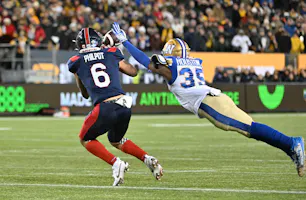 Montreal Alouettes wide receiver Tyson Philpot catches the game-winning touchdown pass with 13 seconds left in the Grey Cup against Winnipeg Blue Bombers defensive back Demerio Houston. The Blue Bombers lead the 2024 Grey Cup Odds. 