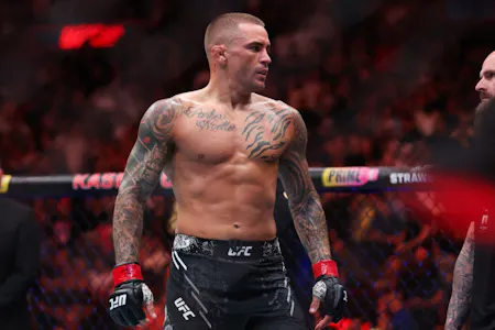 Dustin Poirier reacts after defeating Benoit Saint Denis as we look at the latest UFC 302 odds & lines.