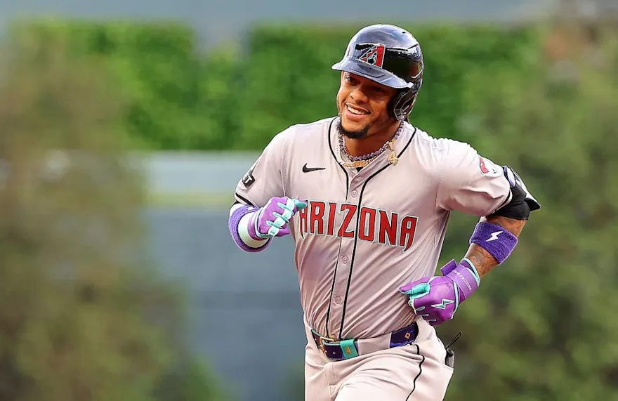 Ketel Marte of the Arizona Diamondbacks reacts as he rounds third base after leading off with a solo homer in the first inning against the Atlanta Braves, and we offer our top Diamondbacks vs. Giants player props based on the best MLB odds.
