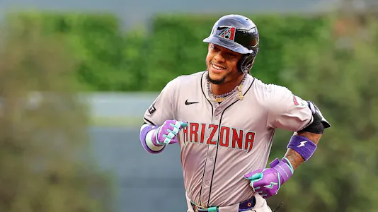 Ketel Marte of the Arizona Diamondbacks reacts as he rounds third base after leading off with a solo homer in the first inning against the Atlanta Braves, and we offer our top Diamondbacks vs. Giants player props based on the best MLB odds.