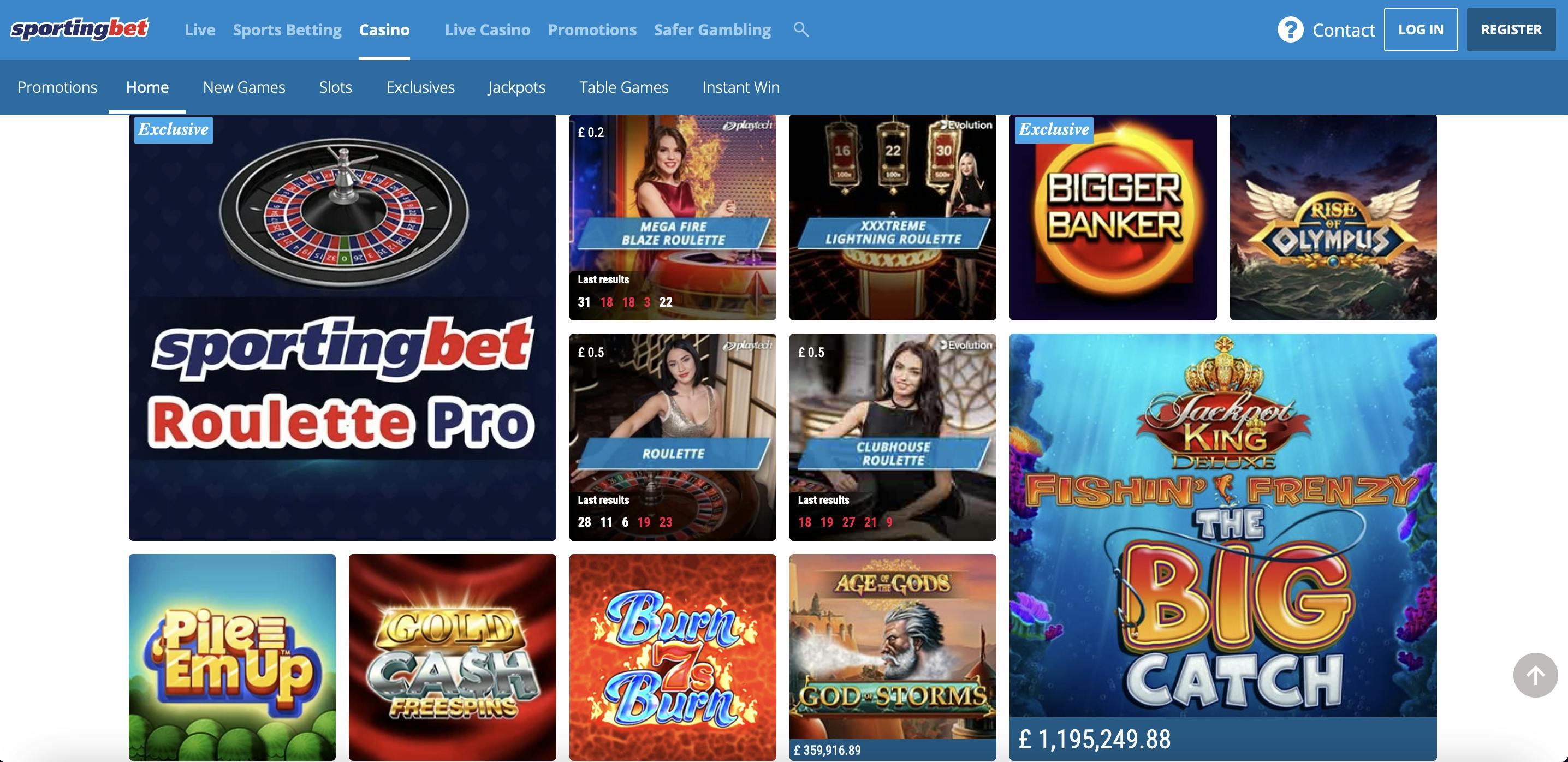 Sportingbet casino homepage<br>
