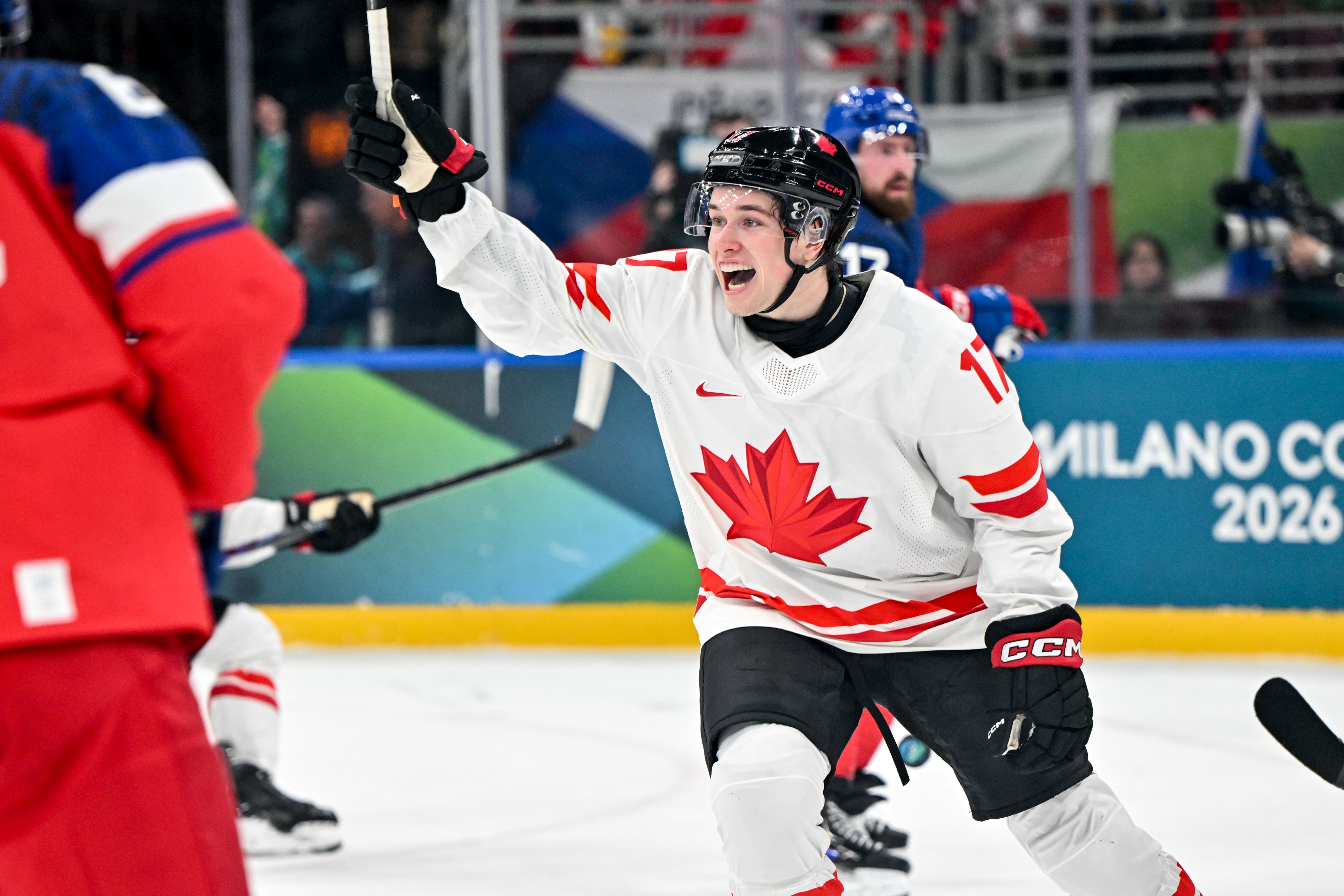 Macklin Celebrini of Canada celebrates a goal as we look at our Canada vs. France prediction.