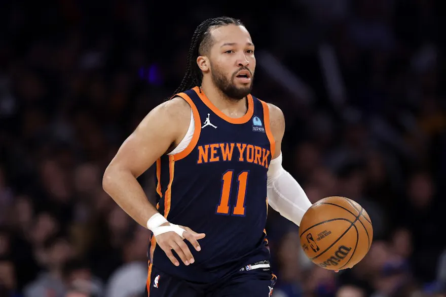 Jalen Brunson of the New York Knicks dribbles during the first half against the Sacramento Kings at Madison Square Garden. We're backing Brunson in our Knicks vs. Celtics player prop prediction.