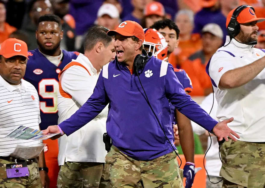 Head coach Dabo Swinney of the Clemson Tigers reacts during the second half of their game against the Louisville Cardinals at Memorial Stadium in Clemson, South Carolina. The Tigers won 31-16. Photo by Grant Halverson/Getty Images via AFP.