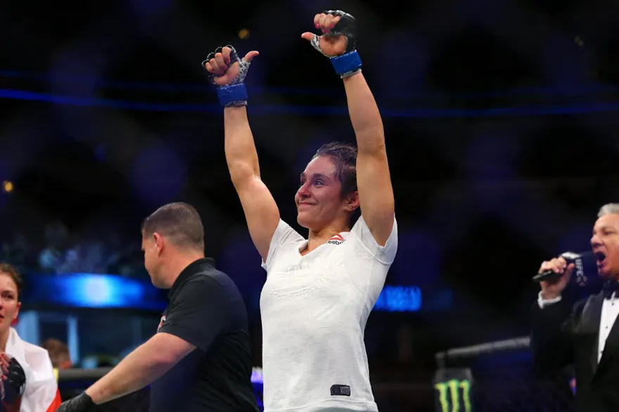 Alexa Grasso celebrates her victory over Karolina Kowalkiewicz at United Center on June 8, 2019 in Chicago, Illinois.