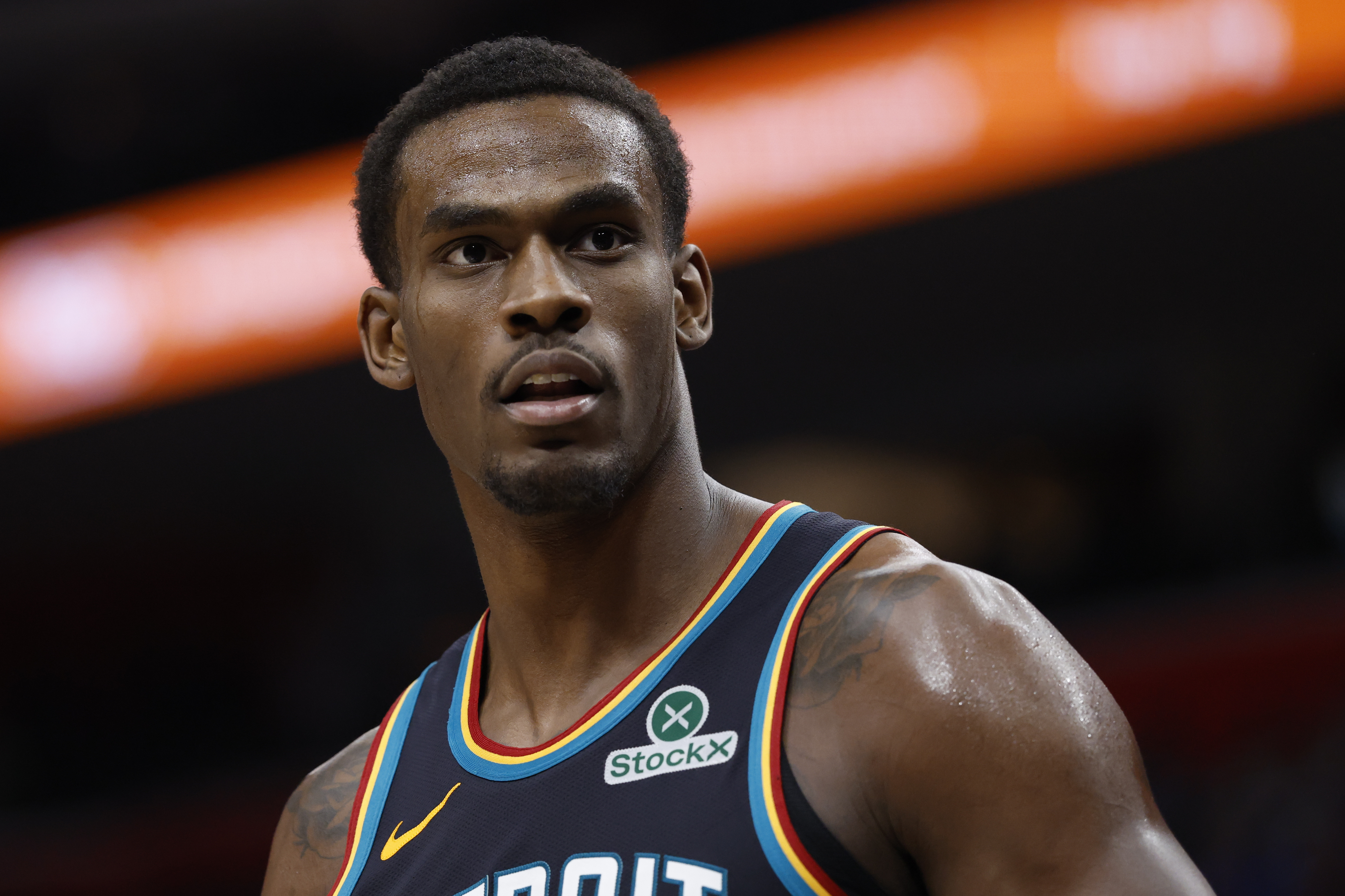 Detroit Pistons center Jalen Duren (0), seen here reacting after a foul, is featured in our Nets vs. Pistons player props today.