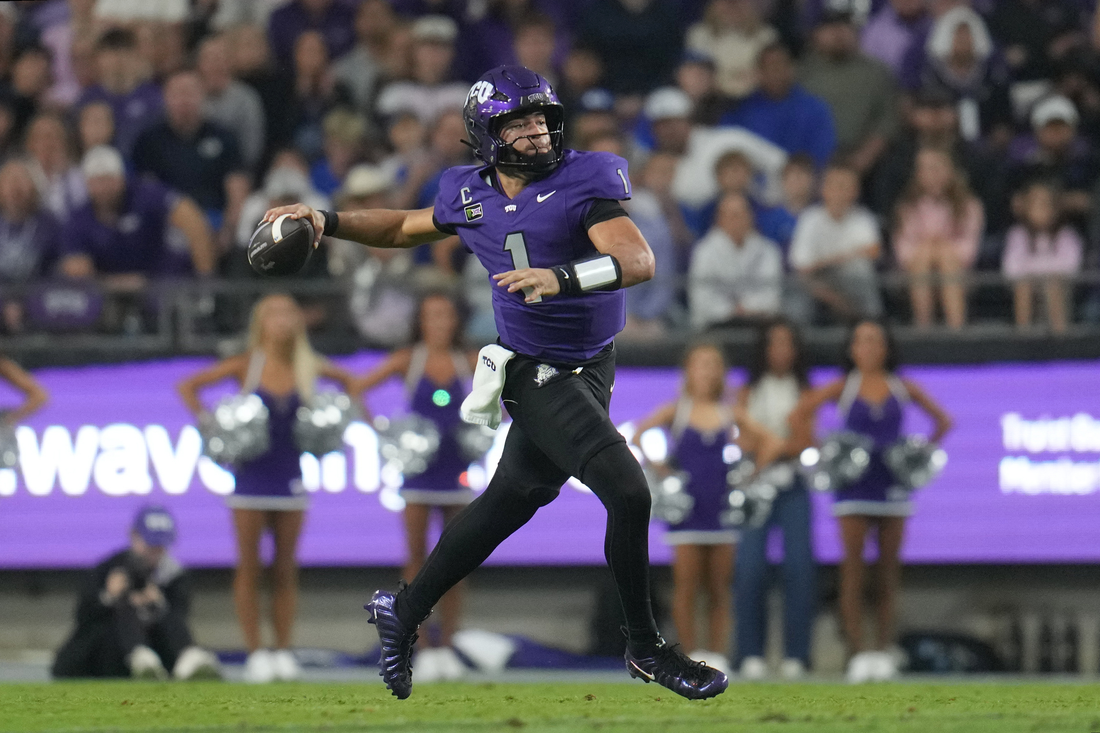 TCU Horned Frogs quarterback Jaden Craig (1) looks to pass against the BYU Cougars as we make our best Week 8 NCAAF Player Props. 