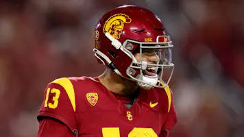 Caleb Williams of the USC Trojans reacts after a dropped pass during the first quarter against the Arizona Wildcats, as we look at the latest 2024 NFL Draft odds from our best sports betting sites.