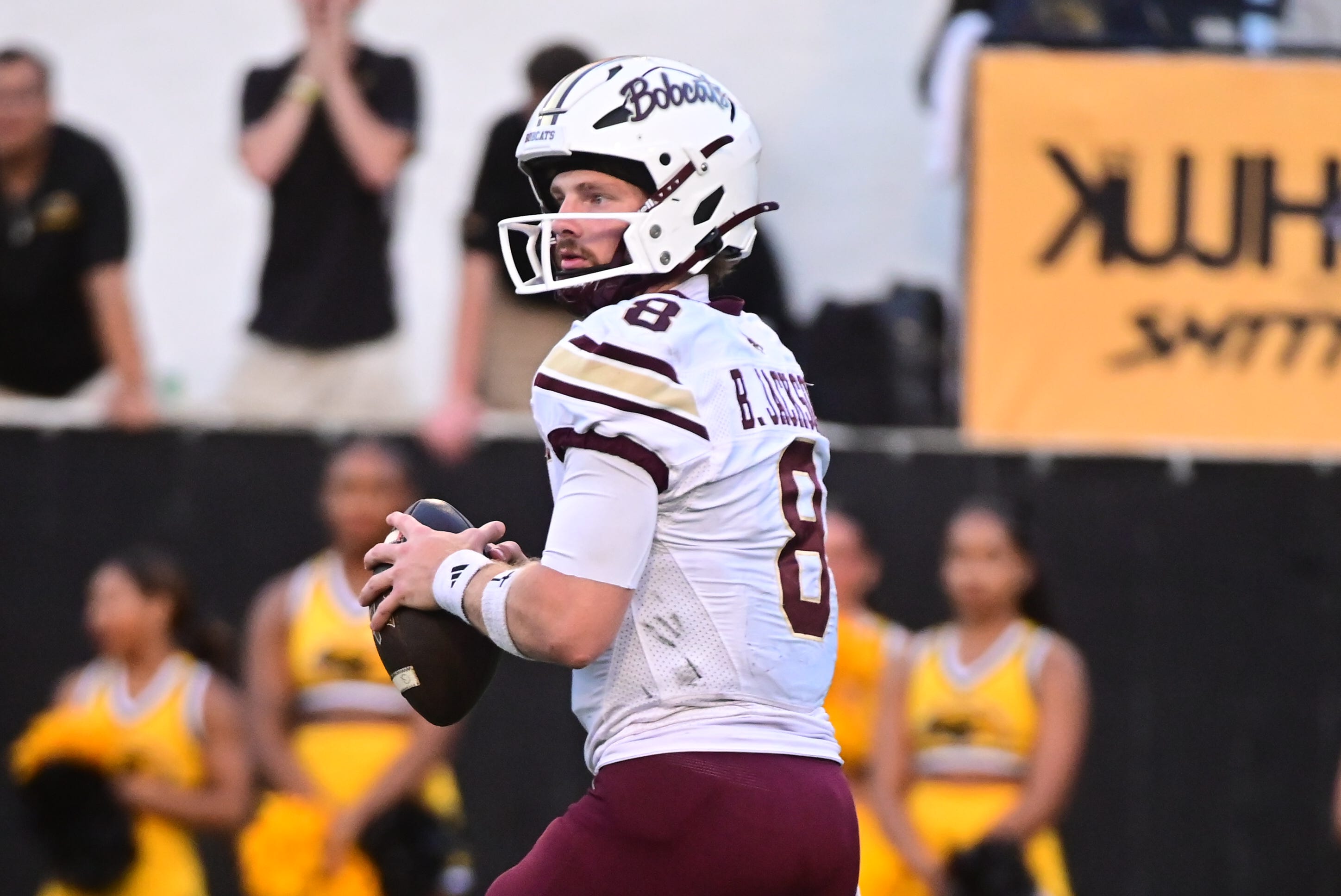 Texas State quarterback Brad Jackson (8) looks to pass as we offer our Rice vs. Texas State predictions.