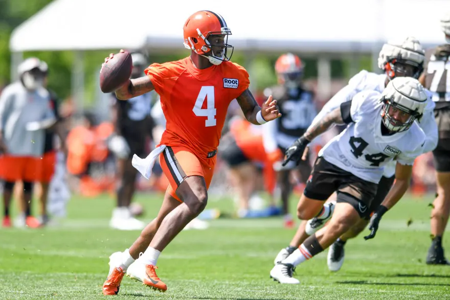 Deshaun Watson of the Cleveland Browns throws a pass during training camp at CrossCountry Mortgage Campus on July 30, 2022 in Berea, Ohio.