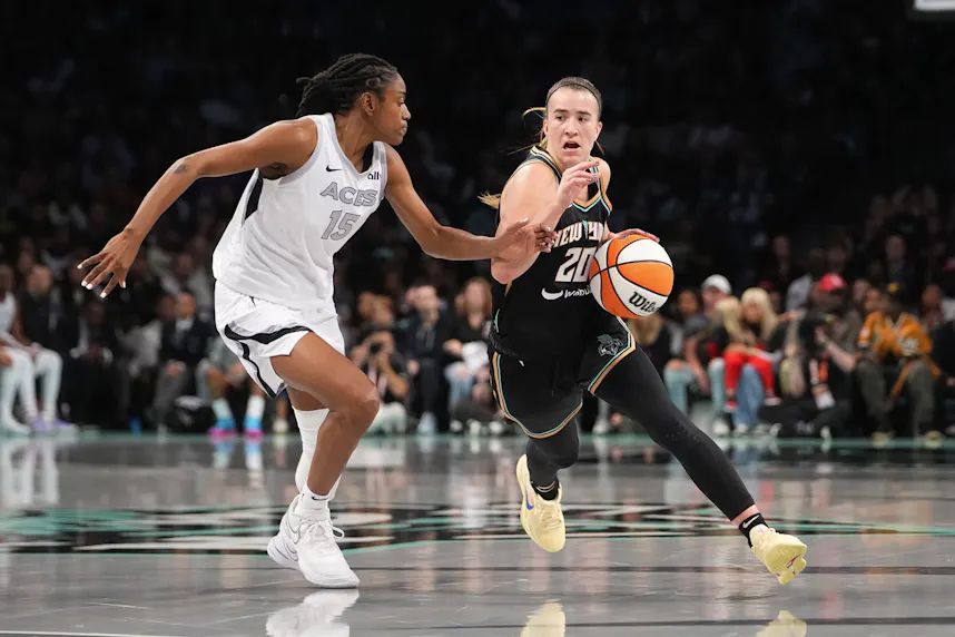 New York Liberty guard Sabrina Ionescu (20) dribbles the ball as we offer our Aces vs. Liberty prediction, expert picks and WNBA odds for Tuesday's Game 2.