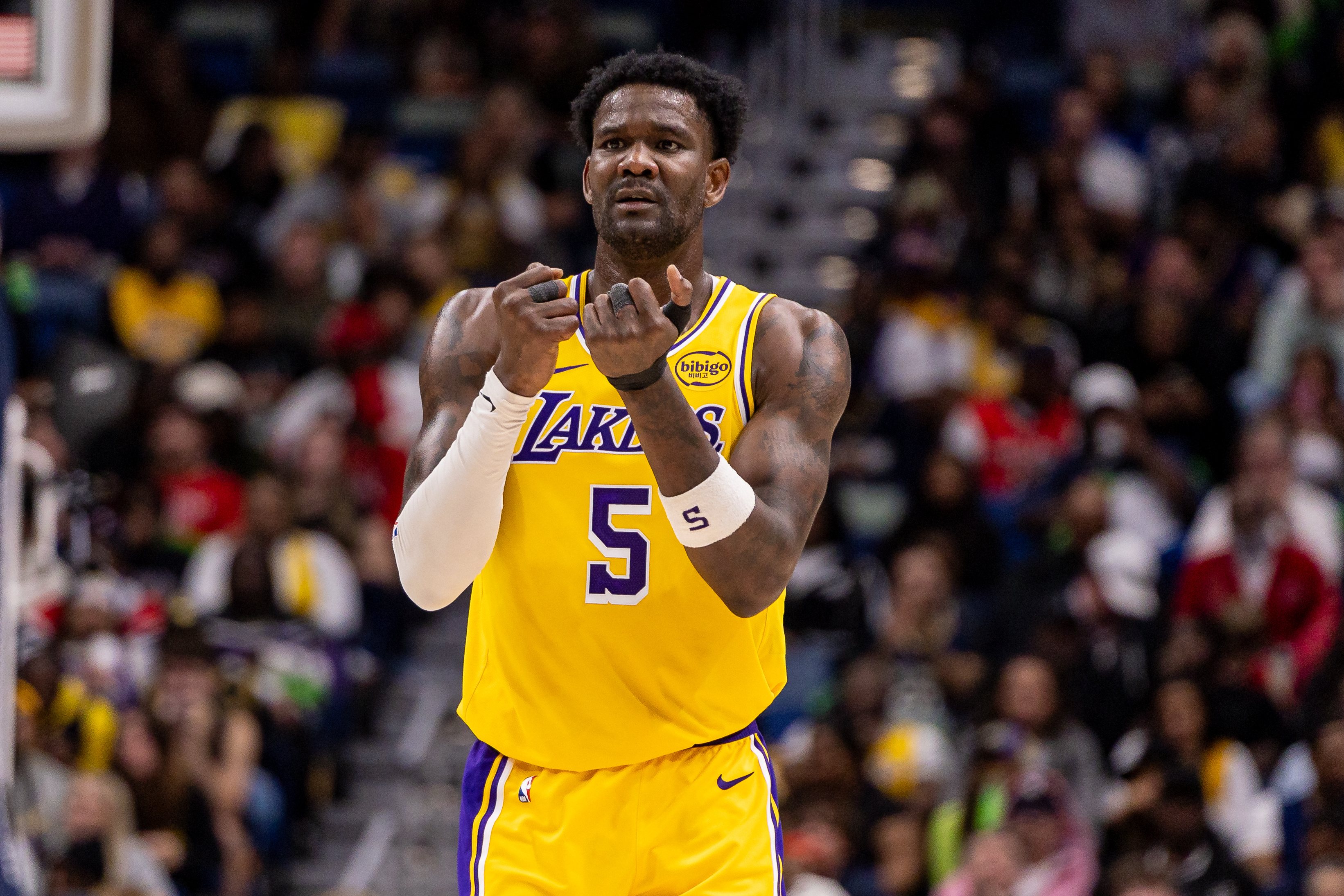 Los Angeles Lakers center Deandre Ayton reacts to a play as we offer our NBA best bets today