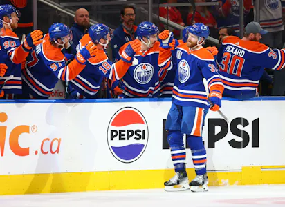 Edmonton Oilers left wing Warren Foegele celebrates with teammates after scoring a goal in the first period against the Florida Panthers as we cover our predictions for Game 7 of the Stanley Cup Final. 