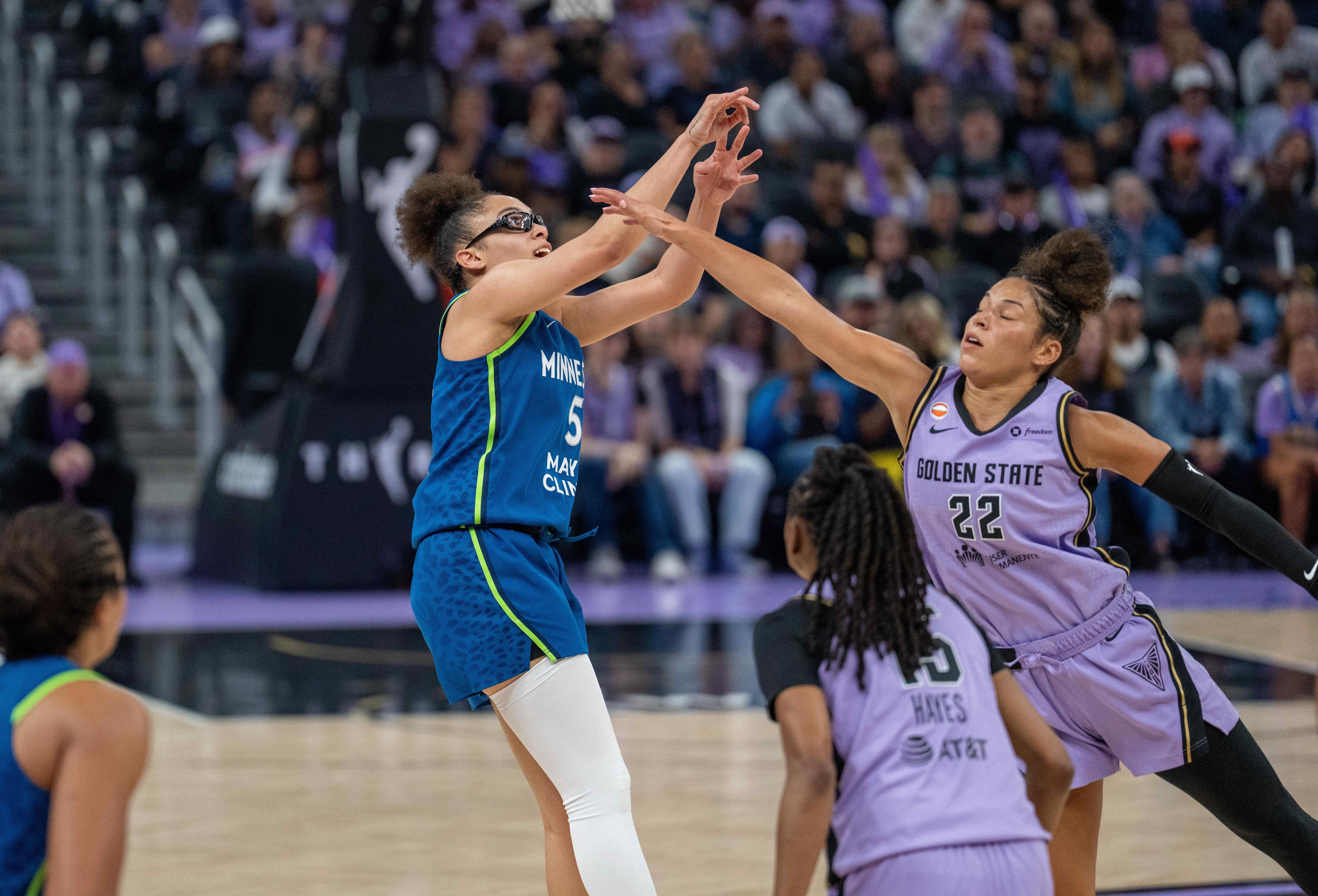Minnesota Lynx guard Olivia Miles (5) shoots as we break down our Valkyries vs. Lynx prediction.