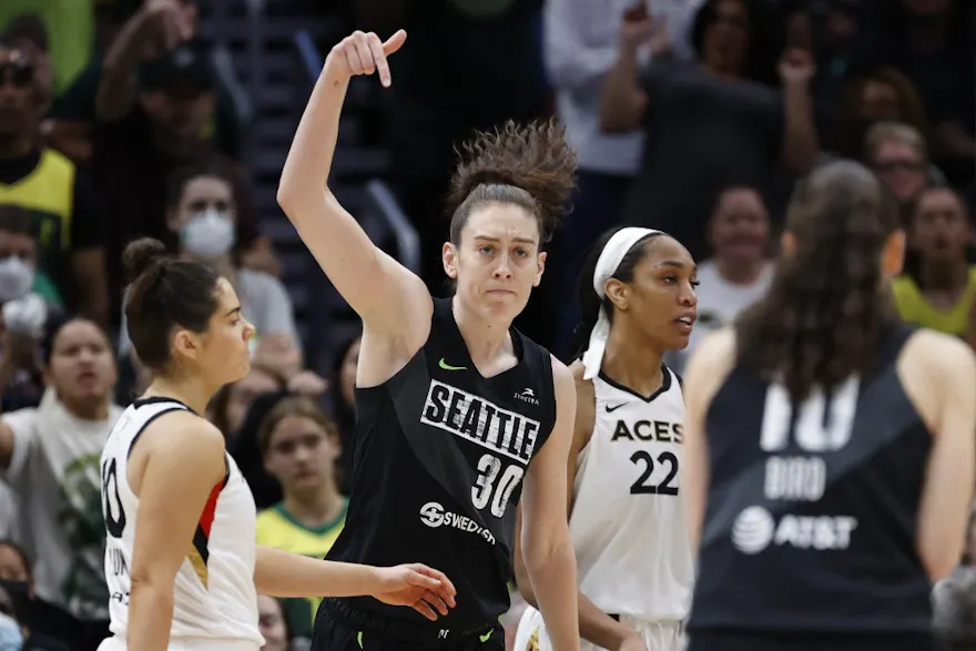 Breanna Stewart of the Seattle Storm reacts after a basket against the Las Vegas Aces during overtime in Game 3 of the 2022 WNBA Playoffs semifinals at Climate Pledge Arena.