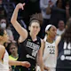 Breanna Stewart of the Seattle Storm reacts after a basket against the Las Vegas Aces during overtime in Game 3 of the 2022 WNBA Playoffs semifinals at Climate Pledge Arena.