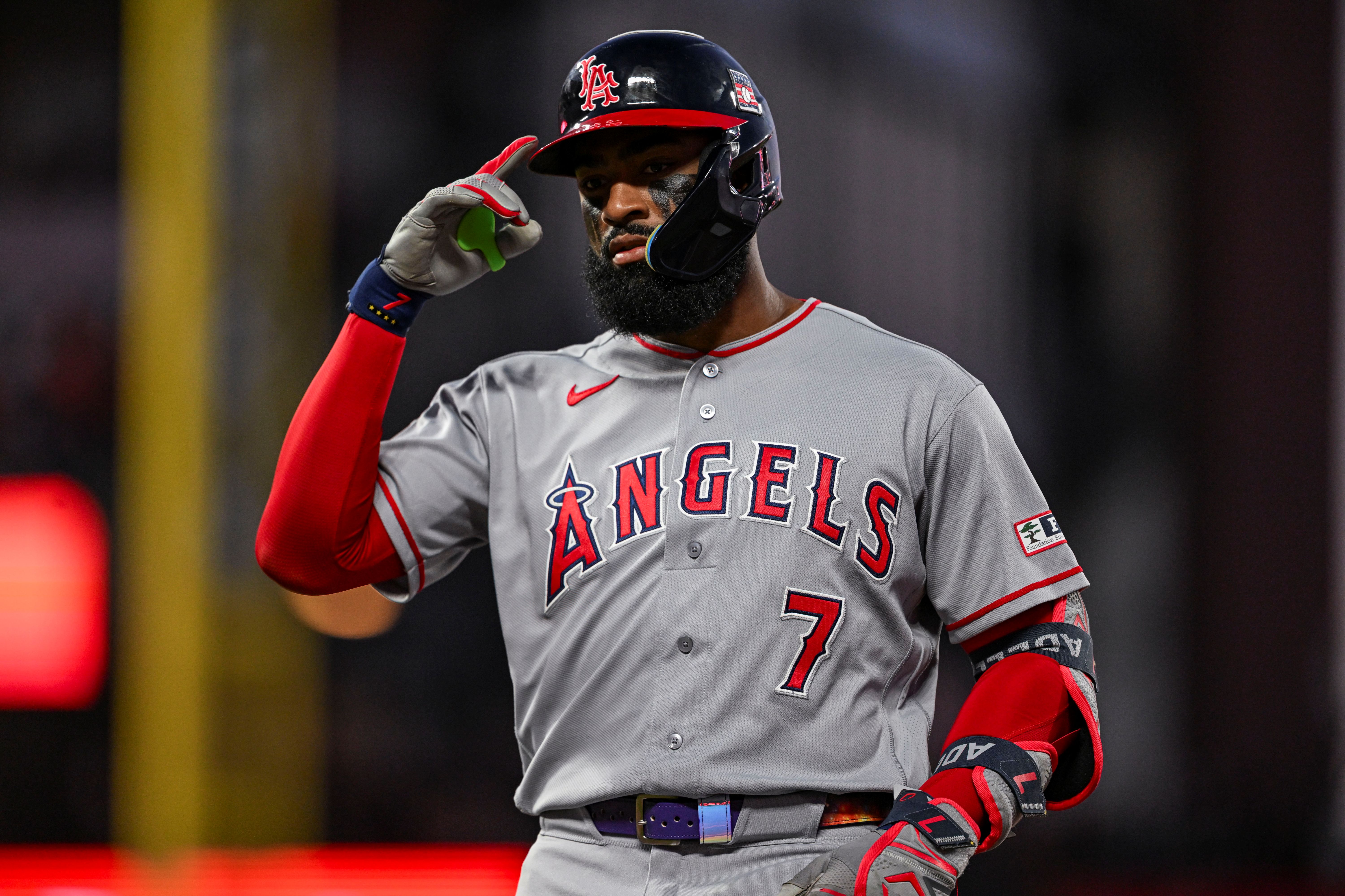  Los Angeles Angels right fielder Jo Adell celebrates as we make our best Brewers vs. Angels prediction