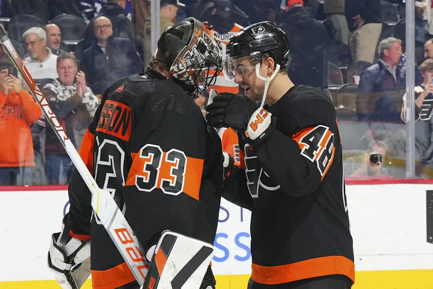  Samuel Ersson #33 of the Philadelphia Flyers celebrates with Morgan Frost #48 as we look at the Pennsylvania sports betting financials for February 2024.
