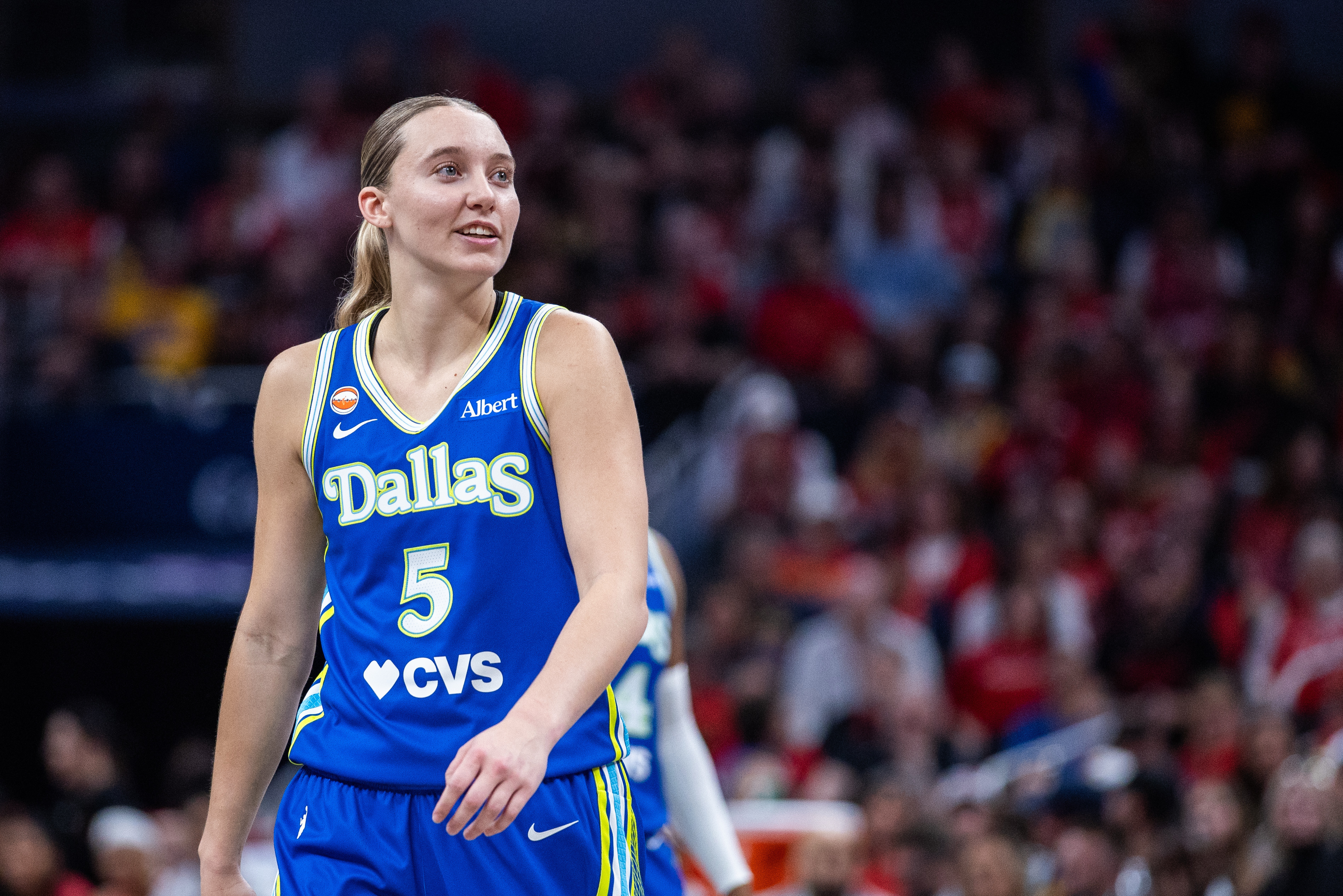 Dallas Wings guard Paige Bueckers (5) in the second half as she is featured in our Mystics vs. Wings prediction.