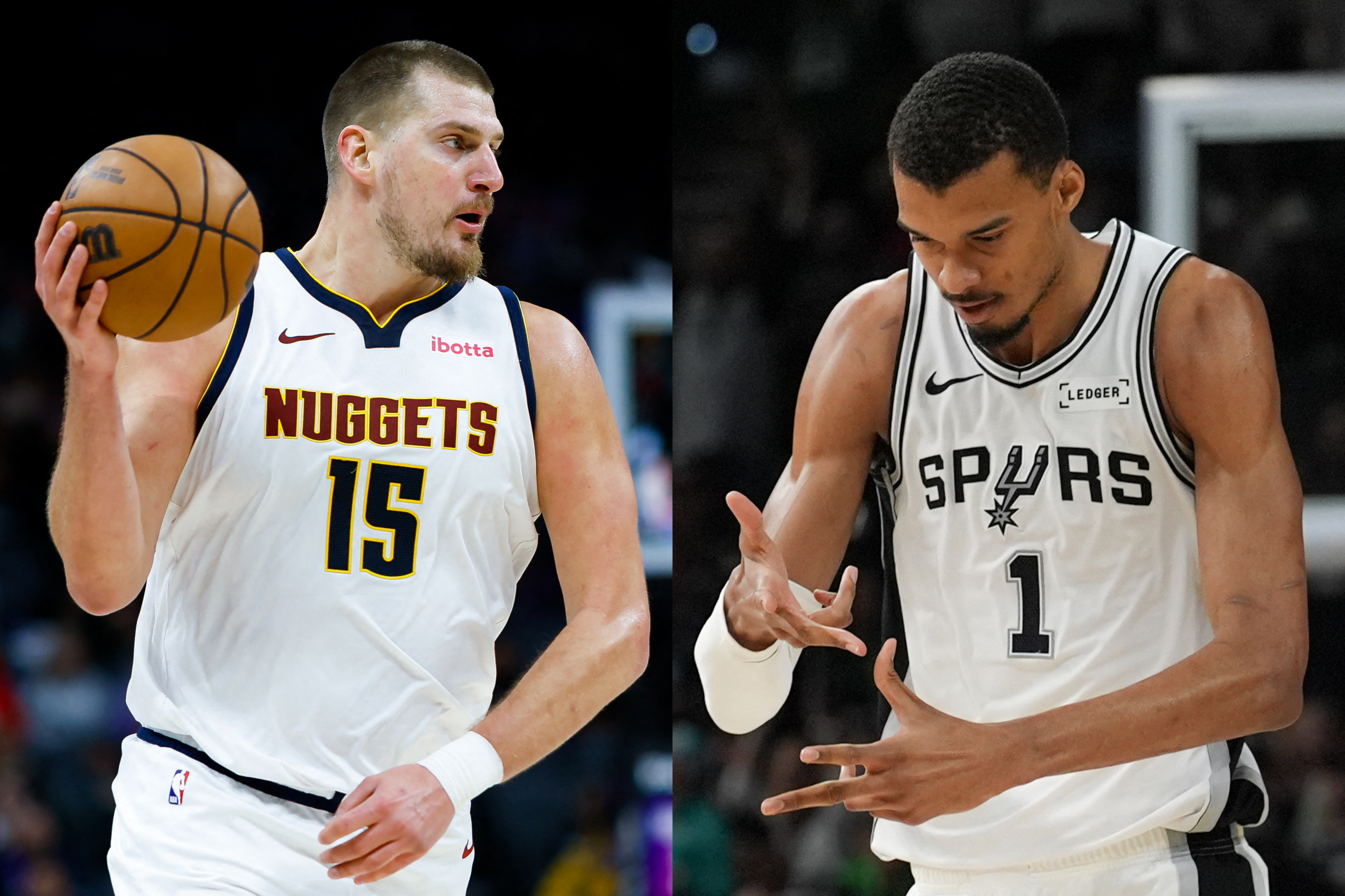 Denver Nuggets center Nikola Jokic (15) and San Antonio Spurs forward Victor Wembanyama (1) are featured in our Spurs vs. Nuggets player props today.