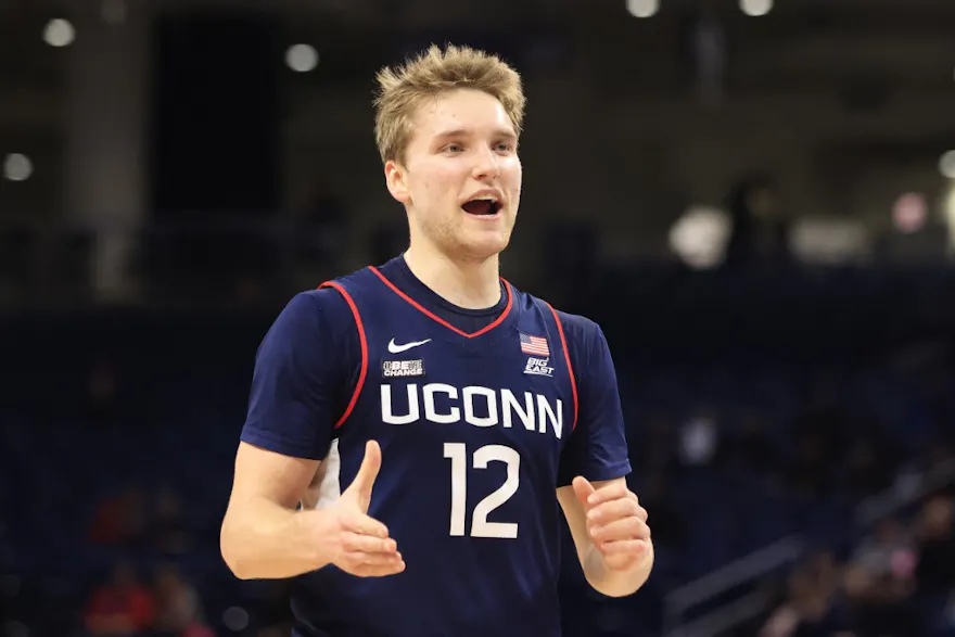 Cam Spencer of the Connecticut Huskies reacts after a play during the first half against the DePaul Blue Demons, and we offer our exclusive bet365 bonus code to new U.S. bettors.