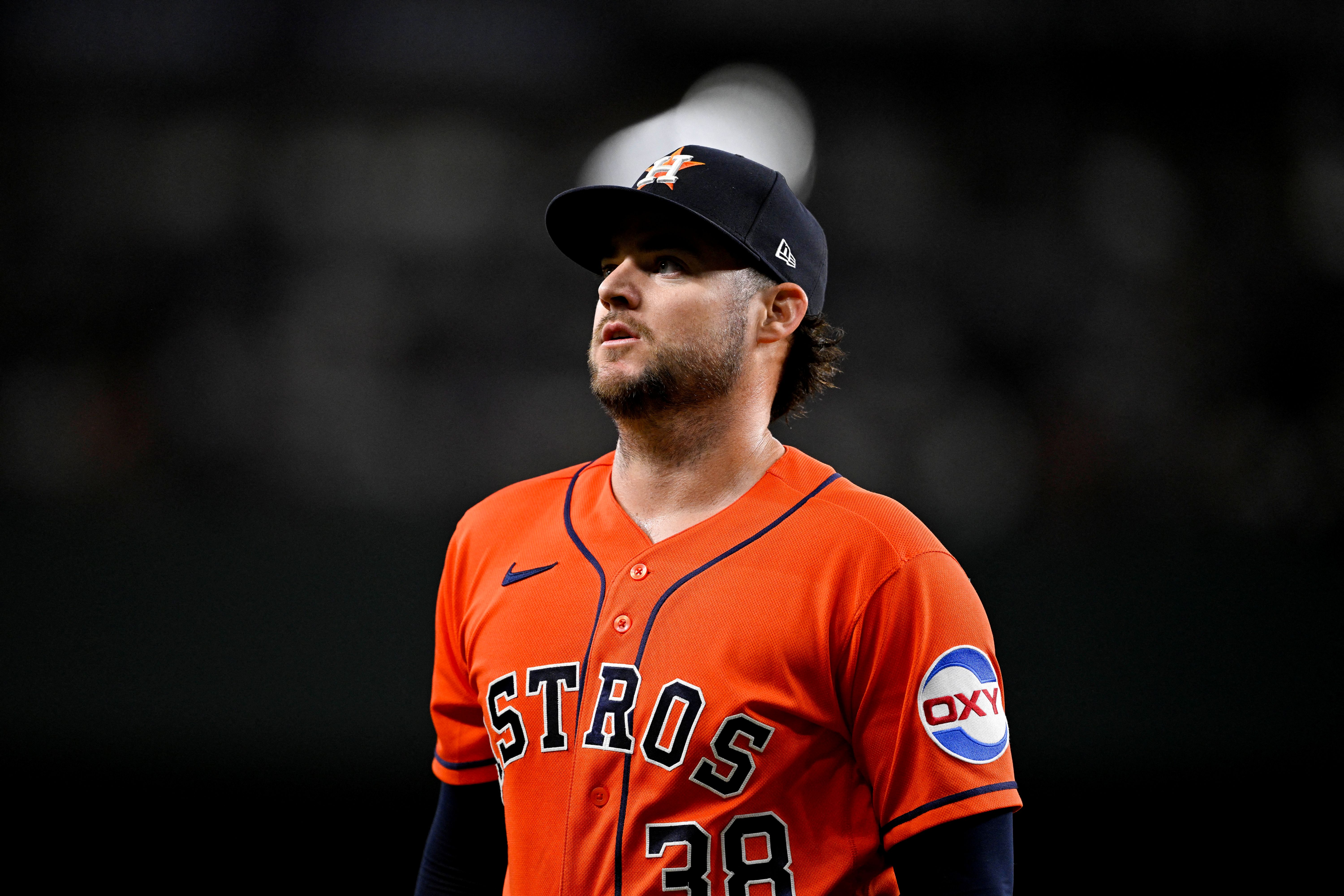 Houston Astros starting pitcher Peter Lambert (38) comes off the field as we break down the Astros vs. Yankees win probability.