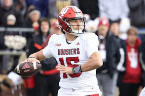 Brendan Sorsby #15 of the Indiana Hoosiers throws a pass as we look at Indiana's record sports betting revenue handle from November