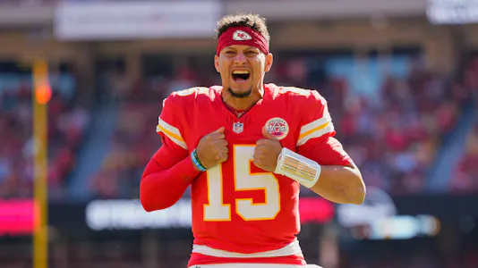 Kansas City Chiefs quarterback Patrick Mahomes - who's featured in our sports equinox parlay - reacts