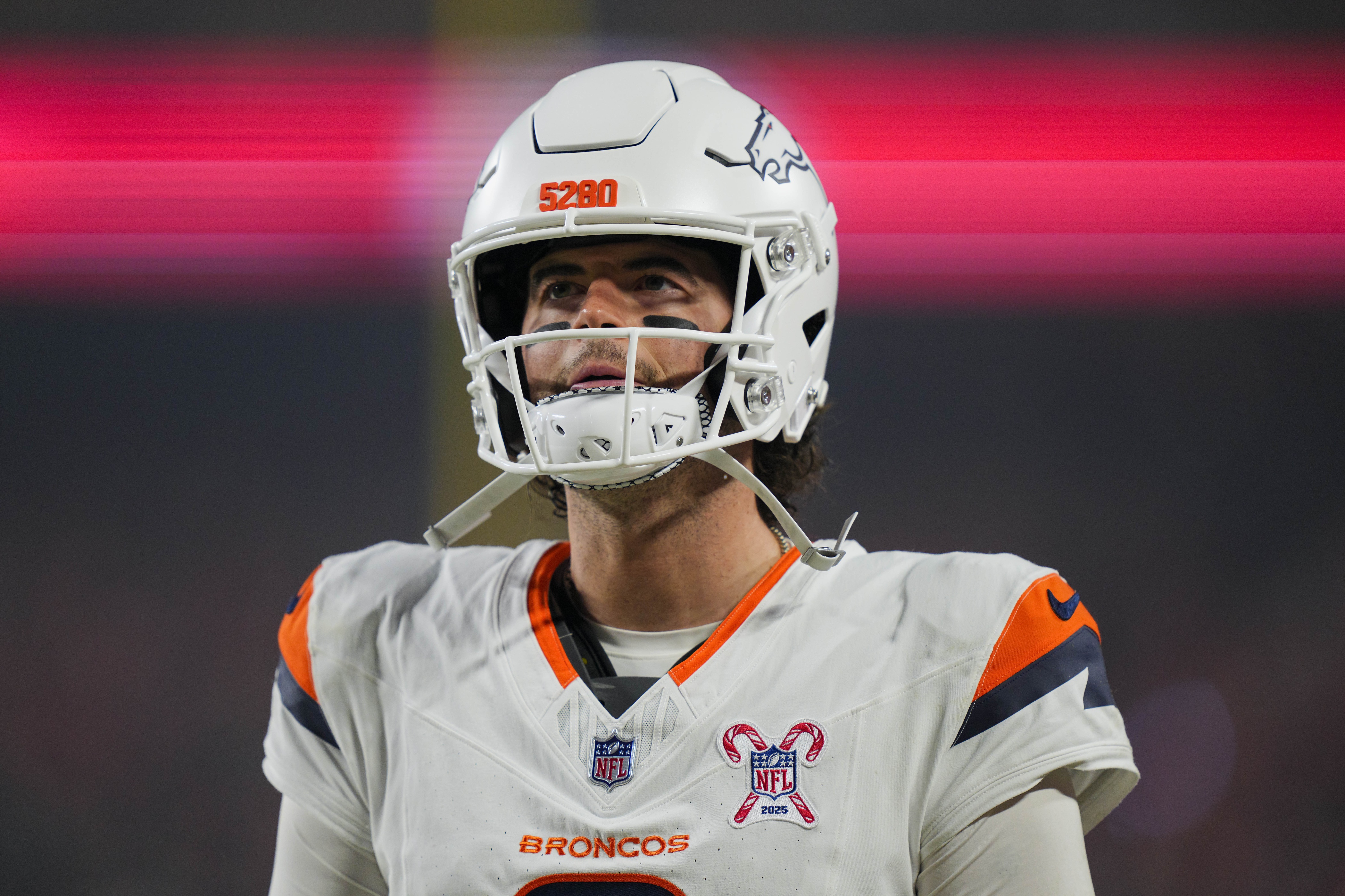 Denver Broncos quarterback Jarrett Stidham prior to a game. 