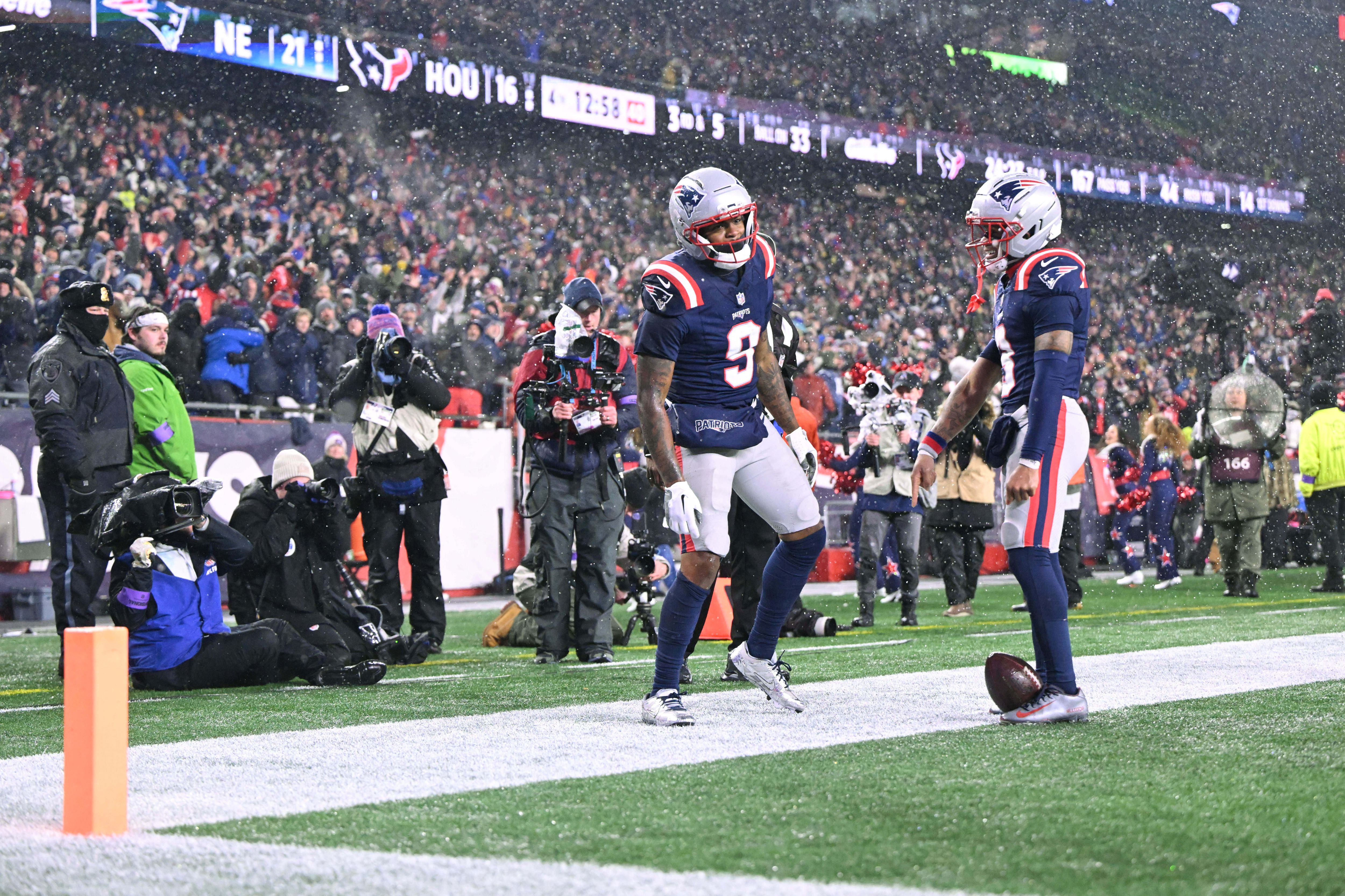 New England Patriots wide receiver Kayshon Boutte (9), who is featured in our anytime touchdown scorer parlay for the NFL Conference Championships, celebrates a touchdown.