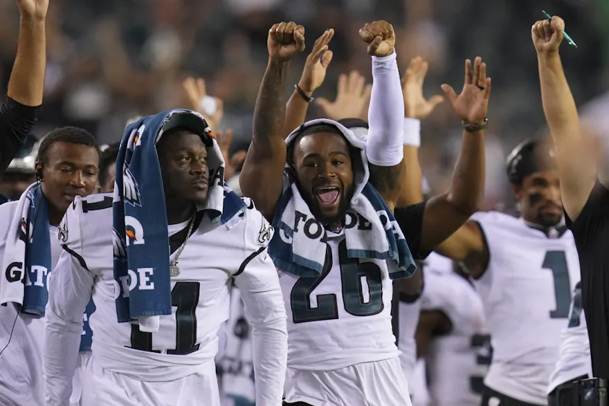 A.J. Brown and Miles Sanders of the Philadelphia Eagles react after a touchdown against the New York Jets in the second half of a preseason game.