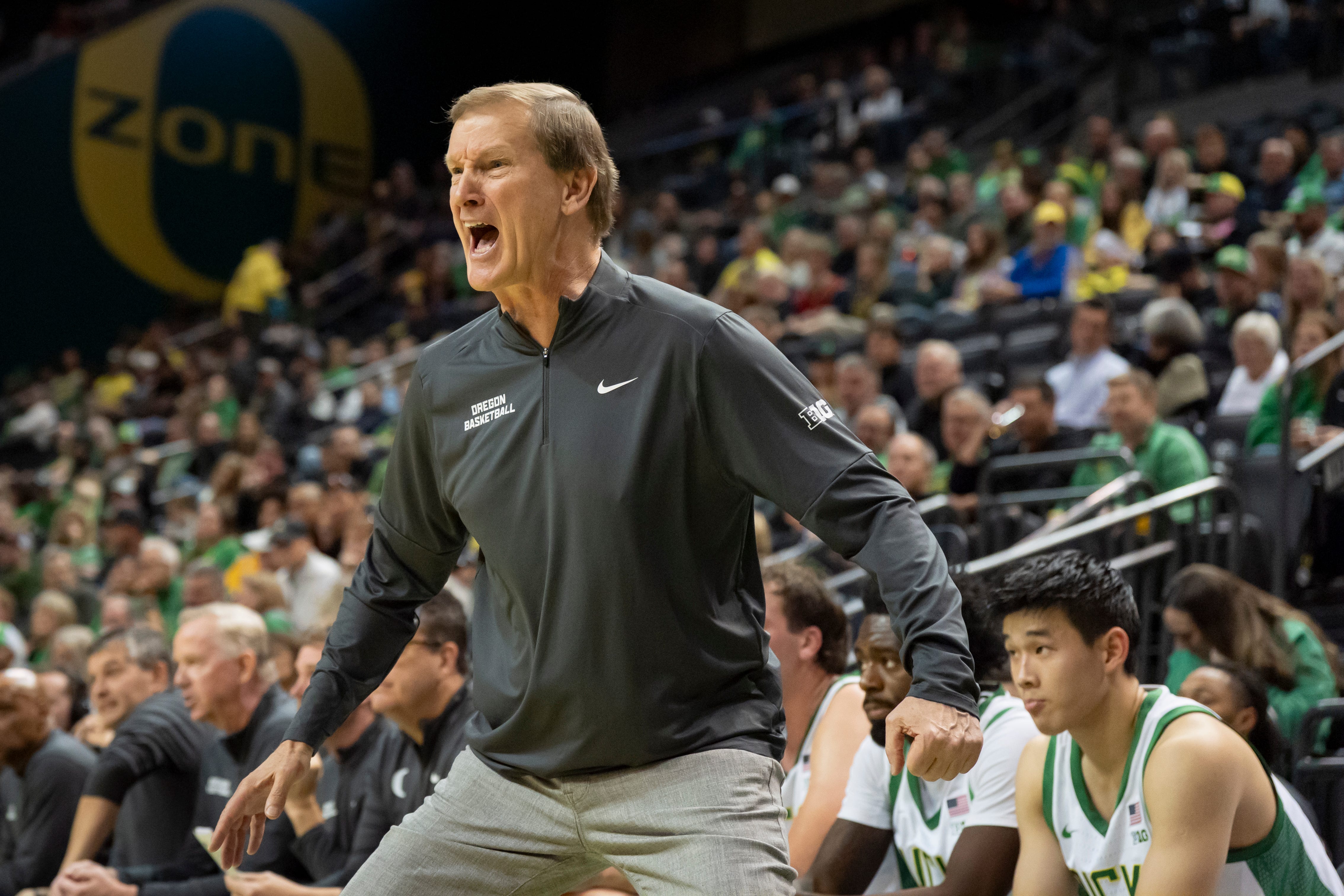 Oregon head coach Dana Altman yells to his team as we offer our South Dakota State vs. Oregon prediction.