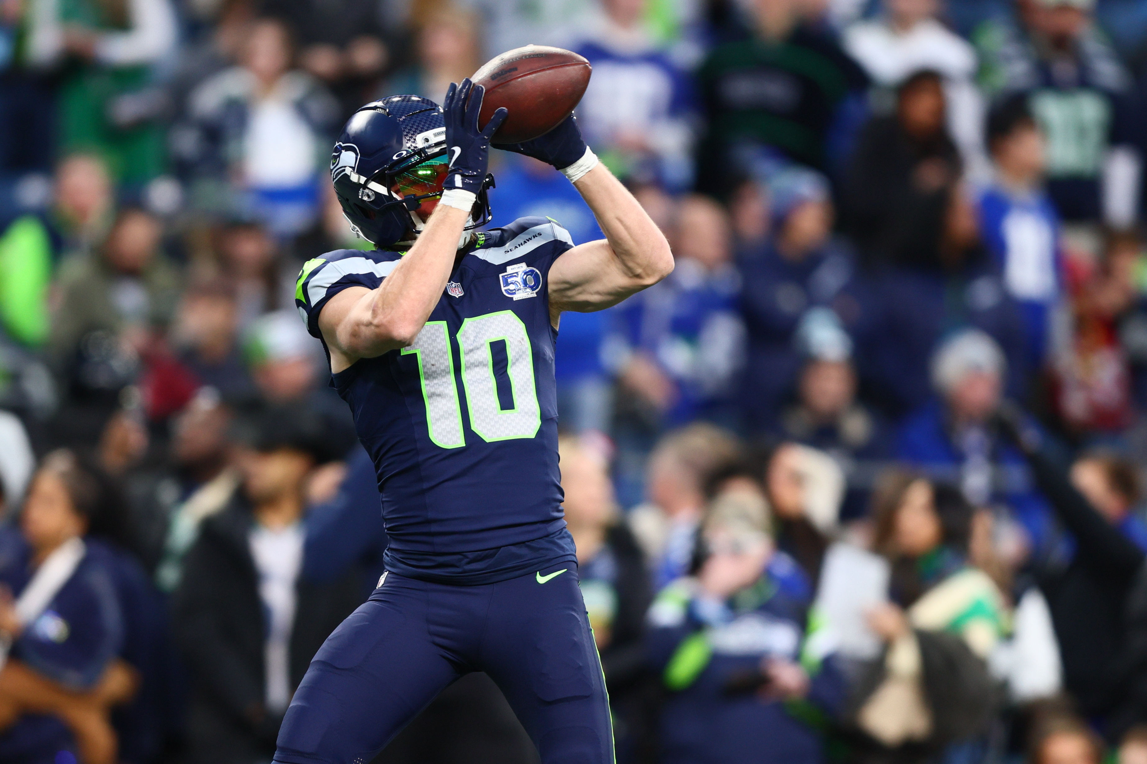 Seattle Seahawks wide receiver Cooper Kupp (10) warms up prior to a game as we look at the best anytime touchdown scorer predictions for Seahawks vs. Patriots in the Super Bowl