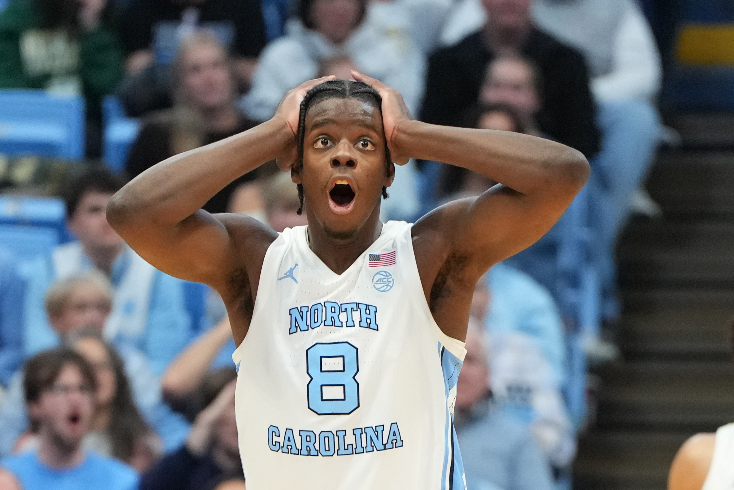 North Carolina Tar Heels forward Caleb Wilson reacts as we make our best Duke vs. North Carolina prediction.
