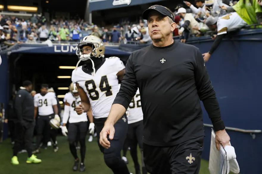 Head coach Sean Payton of the New Orleans Saints makes his way to the field before the game against the Seattle Seahawks at Lumen Field.