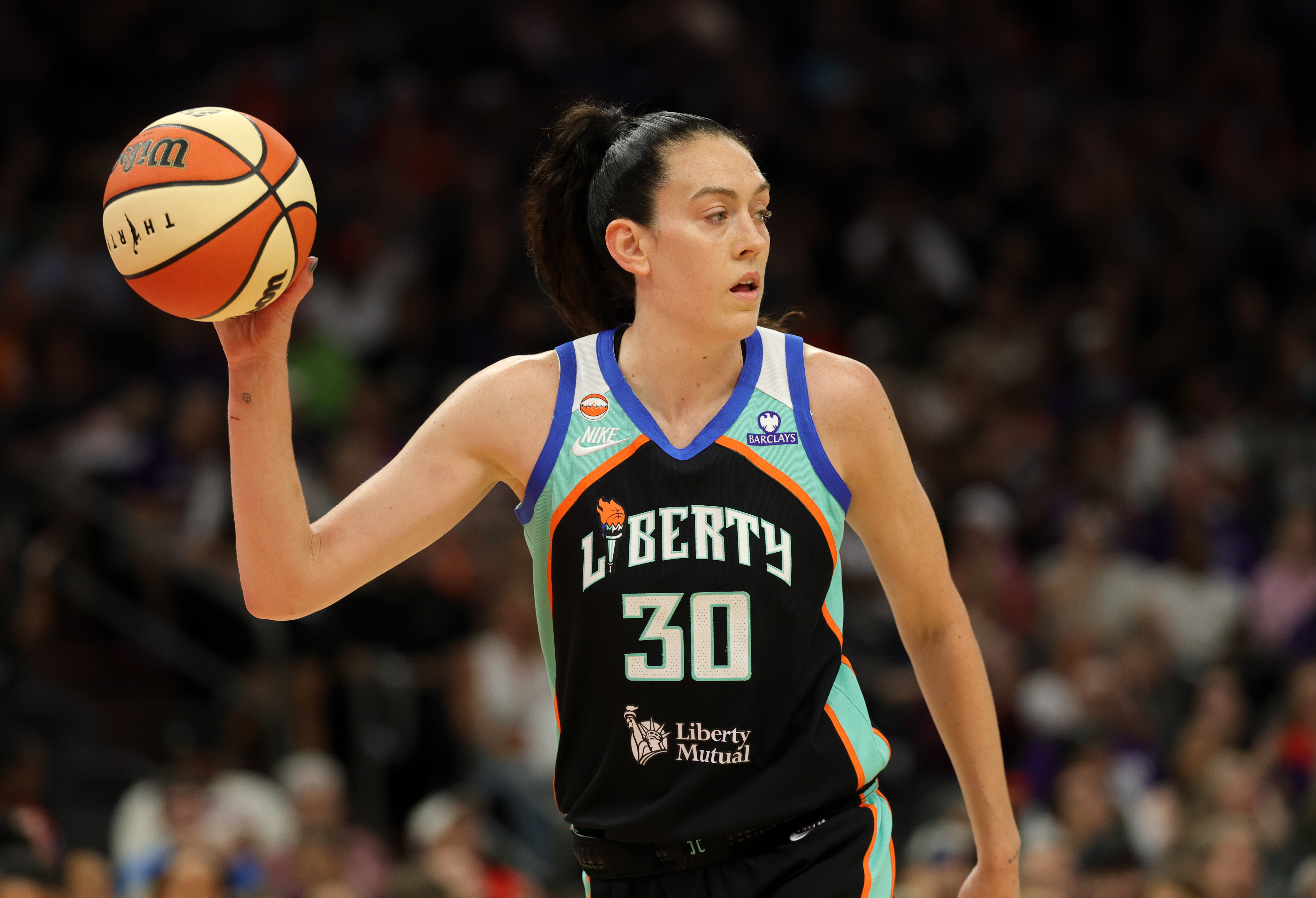 New York Liberty forward Breanna Stewart (30) looks on as we break down our Sparks vs. Liberty prediction.