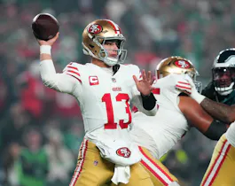 Brock Purdy #13 of the San Francisco 49ers throws a pass as we look at the 2024 Super Bowl odds