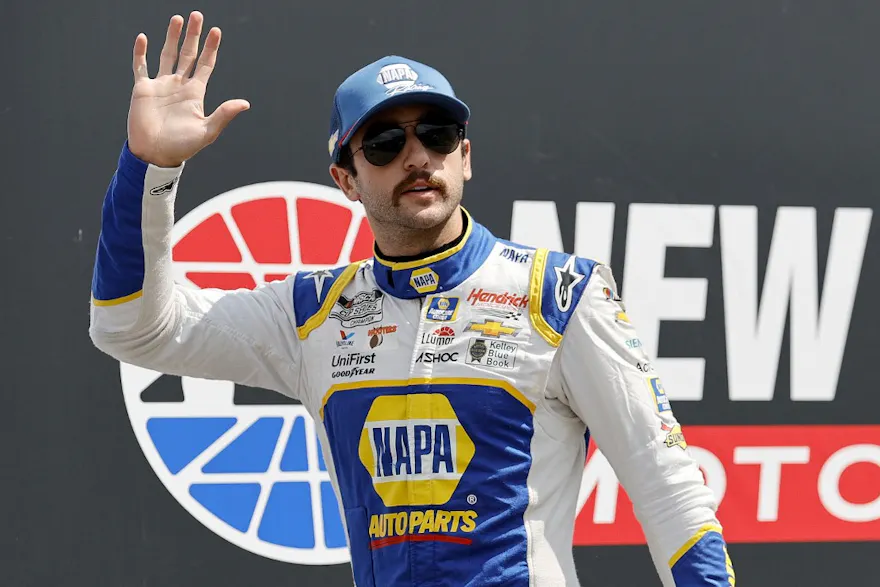 Chase Elliott, driver of the #9 NAPA Auto Parts Chevrolet, waves to fans as he walks onstage during driver intros prior to the NASCAR Cup Series Ambetter 301 at New Hampshire Motor Speedway on July 17.