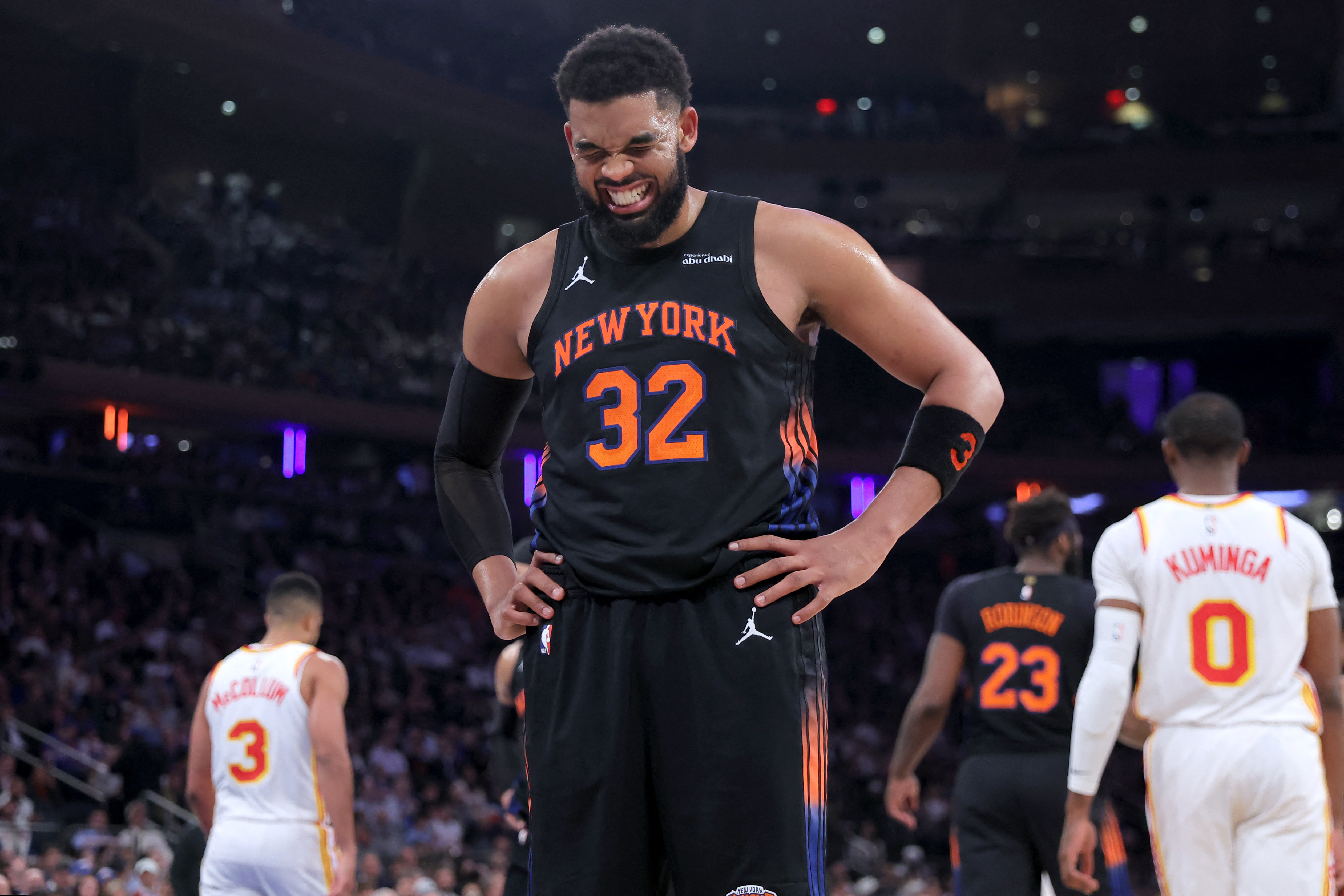 New York Knicks center Karl-Anthony Towns reacts as we look at New York banning state employees from prediction markets.