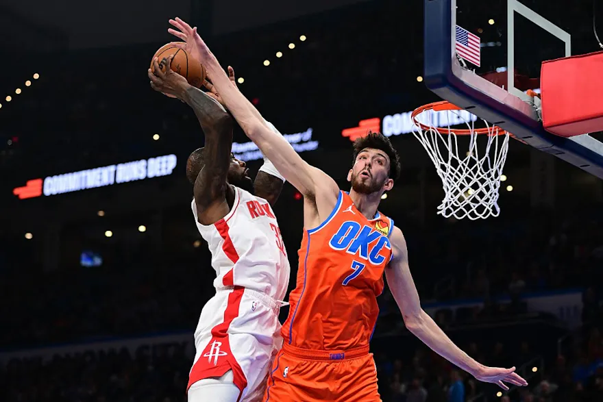 Chet Holmgren #7 of the Oklahoma City Thunder goes for a block as we look at our NBA player props and best bets for Sunday.