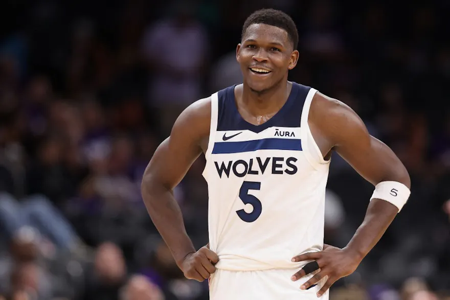 Anthony Edwards of the Minnesota Timberwolves reacts during the second half against the Phoenix Suns, and we offer our top Timberwolves vs. Suns player props and expert picks based on the best NBA odds.