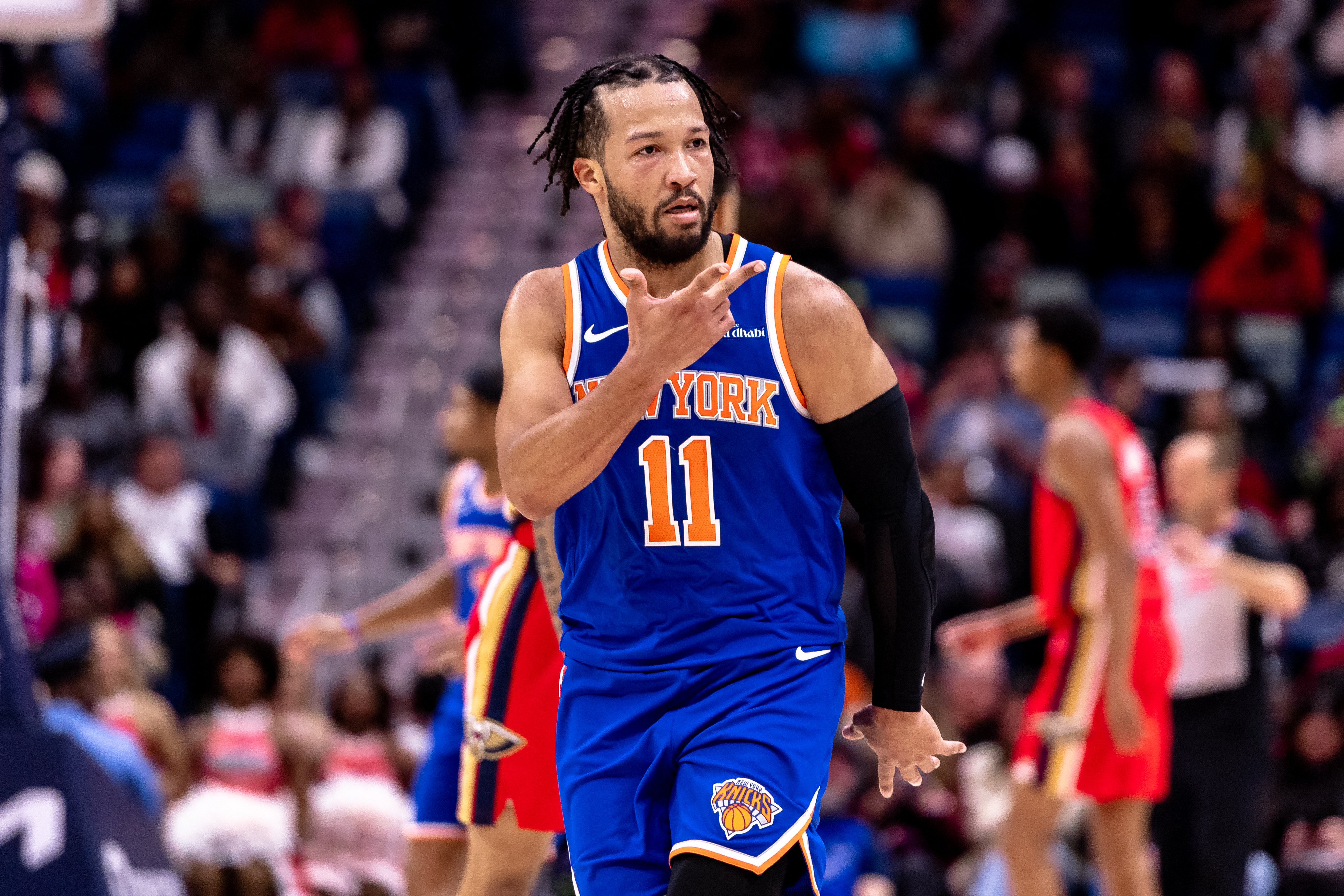 New York Knicks guard Jalen Brunson (11), seen here looking to his bench after a made 3-pointer, is featured in our NBA player props tonight.
